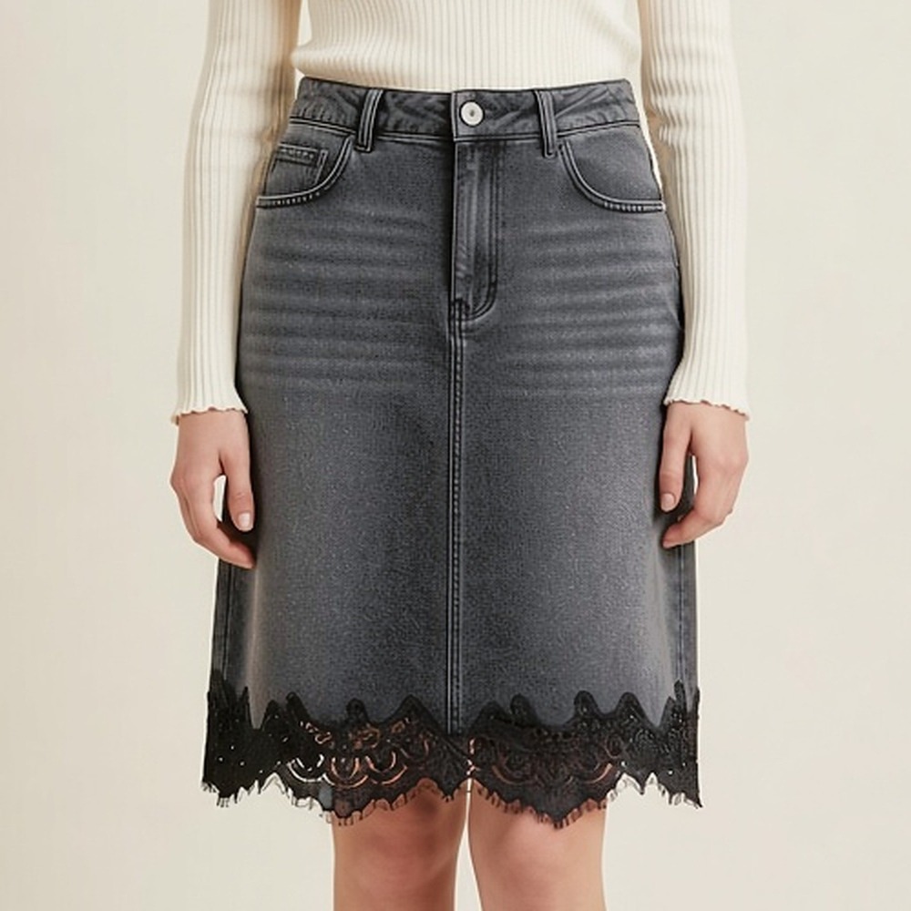 Commense NWT Denim Skirt Black Lace Trim Hem Washed Grey A-Line Knee Length L